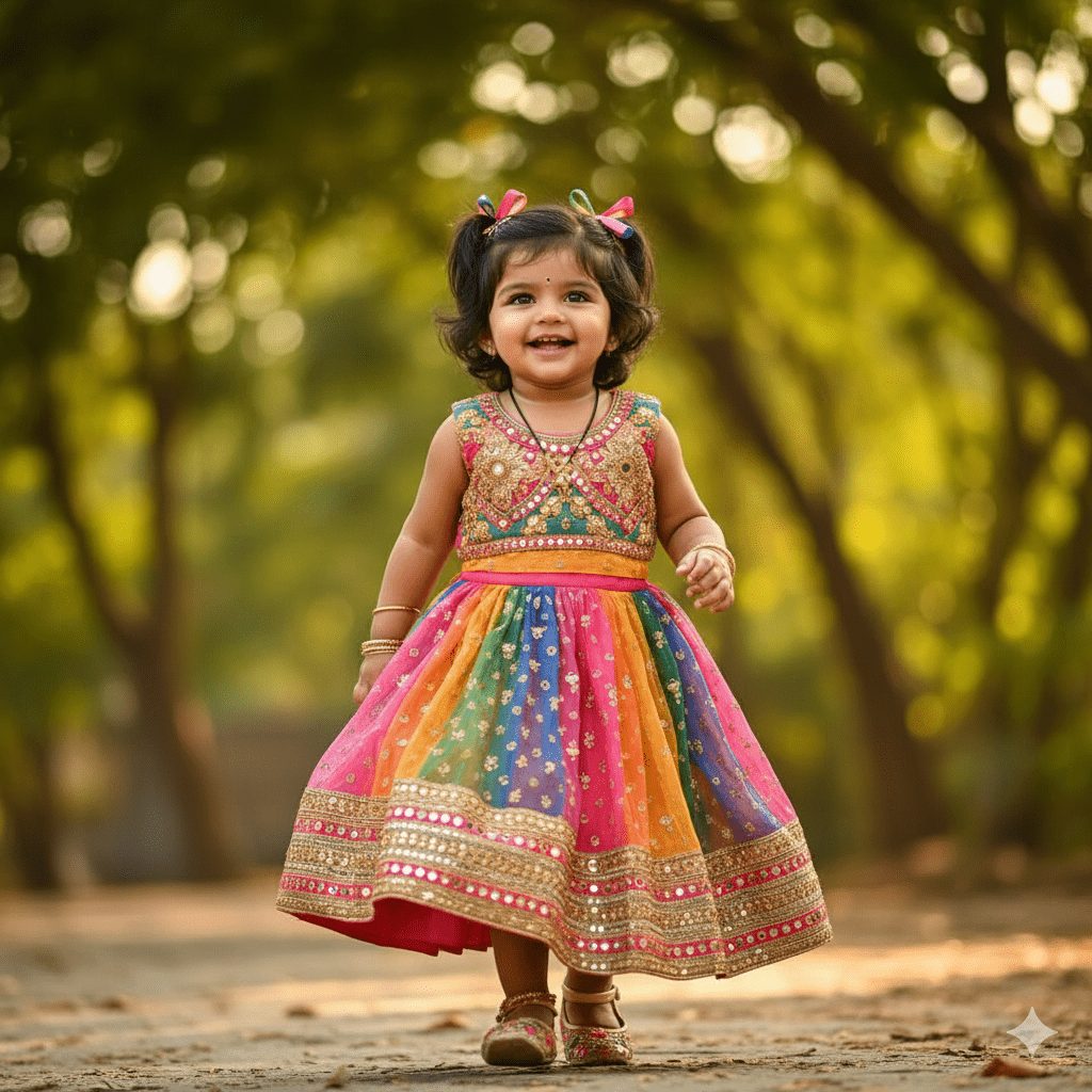 Ultra-realistic 4K photograph of a smiling 2-year-old Indian baby girl wearing a vibrant, colorful traditional ghagra choli with mirror work and embroidery. She is walking on a dirt path in a soft-focus outdoor park setting with sunlight filtering through green trees. Joyful toddler portrait.
