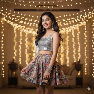 A beautiful young woman with long dark hair, wearing a silver sequined crop top, a vibrant printed skater skirt, and traditional Indian jewelry, smiling warmly under warm string lights at a celebratory event.