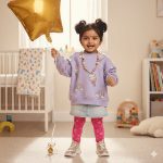 Joyful Indian toddler girl holding a gold star balloon, wearing a purple unicorn sweatshirt, pink leggings, and sparkly shoes in a bright nursery room.