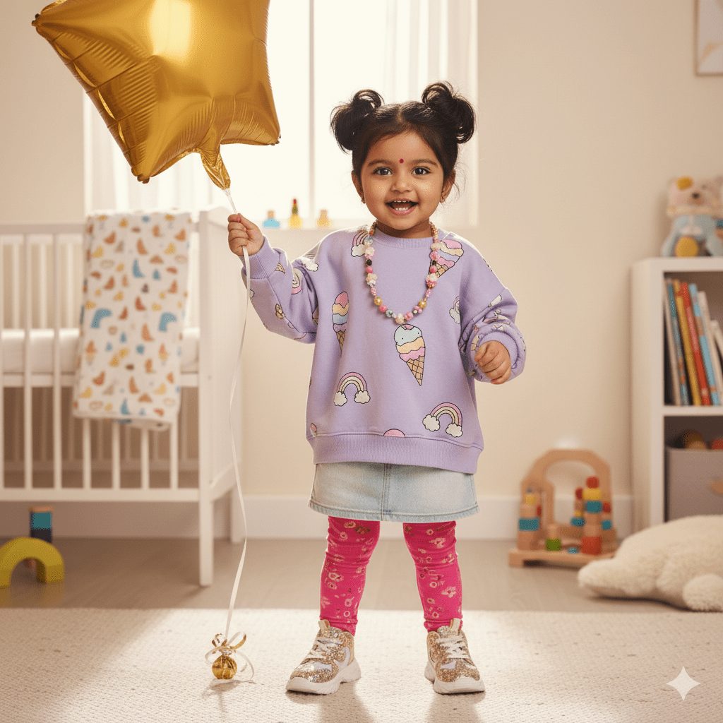 Joyful Indian toddler girl holding a gold star balloon, wearing a purple unicorn sweatshirt, pink leggings, and sparkly shoes in a bright nursery room.