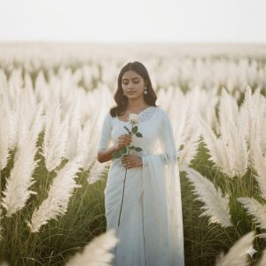 A serene South Asian woman in an embroidered white saree stands in a vast, sunlit field of tall white feathery grass, holding a white rose and looking down thoughtfully.