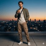Modern man on an urban rooftop at sunset wearing khaki cargo pants, a white graphic t-shirt, and an olive green bomber jacket. He is accessorized with a black sling bag and clean white sneakers, posing confidently with a city skyline visible in the glowing twilight.