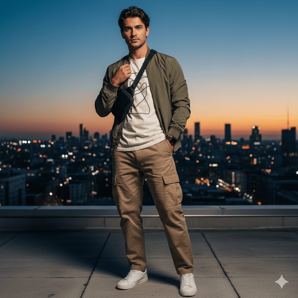Modern man on an urban rooftop at sunset wearing khaki cargo pants, a white graphic t-shirt, and an olive green bomber jacket. He is accessorized with a black sling bag and clean white sneakers, posing confidently with a city skyline visible in the glowing twilight.
