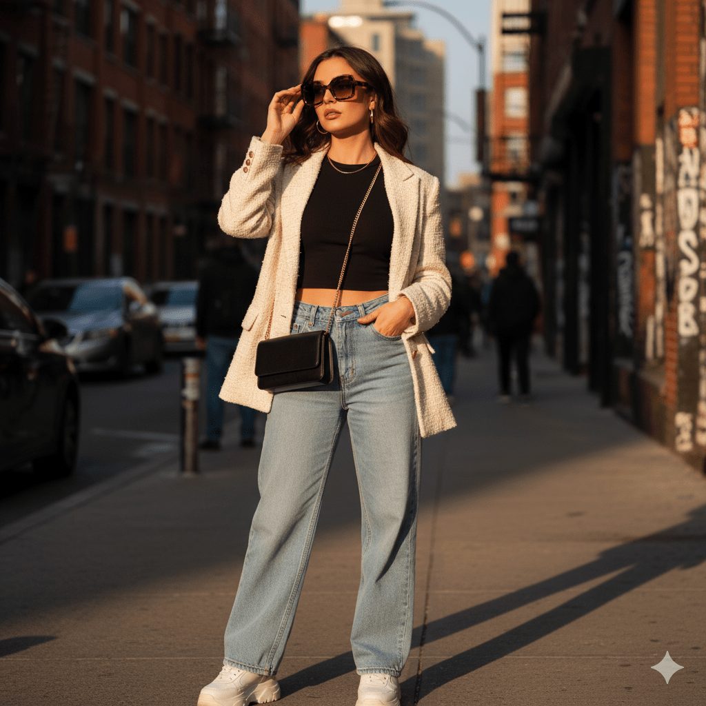 Stylish young woman in high-waisted wide-leg jeans, a black crop top, and a cream oversized tweed blazer, posing confidently on a sunny urban street during golden hour. The look is accessorized with white chunky sneakers, a black crossbody bag, minimal gold jewelry, and adjusting brown sunglasses.