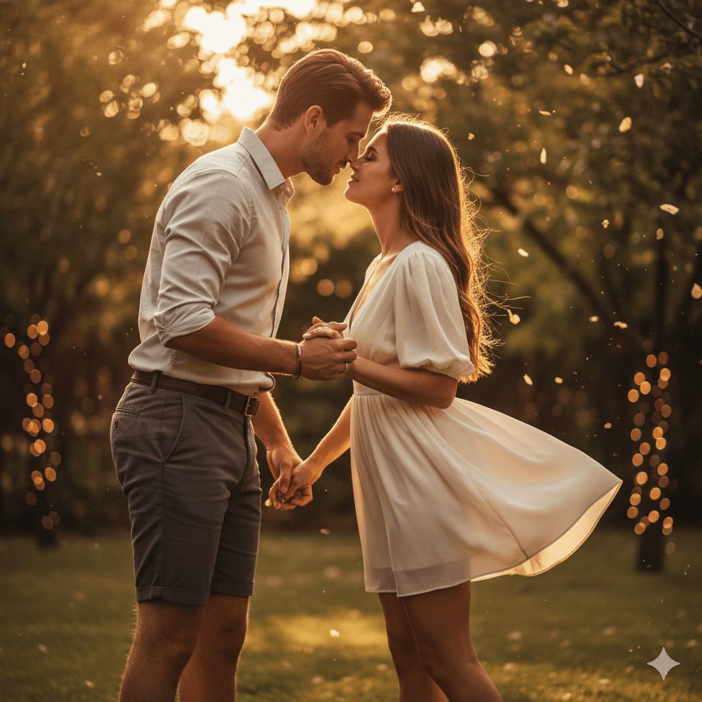 A romantic golden hour pre-wedding photoshoot in a lush green park, featuring a couple holding hands and embracing. The woman wears a flowing white dress gently lifted by a breeze, while the man wears a casual light shirt and grey shorts. Warm sunset light backlights the couple, creating a dreamy bokeh effect with scattered petals and distant string lights, capturing love and intimate connection.