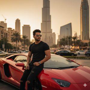 Ultra-realistic 8K cinematic AI portrait of a young Indian boy leaning against a red Lamborghini near Burj Khalifa at golden hour in Dubai, with city lights and luxury skyline in the background.
