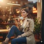 Ultra-realistic 8K cinematic portrait of a stylish young woman sitting by a café window during golden hour, wearing a beige trench coat, sipping coffee, with warm sunlight and cozy interior reflections.