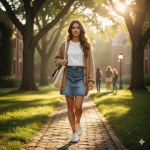 Ultra-realistic 8K cinematic portrait of a stylish college girl walking on a green campus pathway during early morning light, wearing a light brown cardigan, white t-shirt, denim skirt, and sneakers with a tote bag.