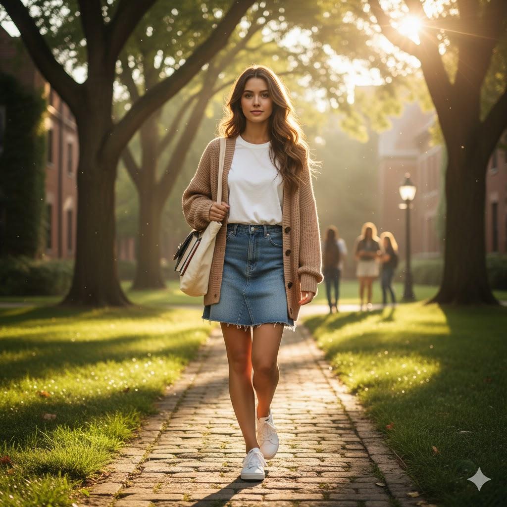 Ultra-realistic 8K cinematic portrait of a stylish college girl walking on a green campus pathway during early morning light, wearing a light brown cardigan, white t-shirt, denim skirt, and sneakers with a tote bag.