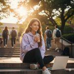 Ultra-realistic 8K cinematic portrait of a young college girl sitting on library steps at sunset, wearing a pastel hoodie and black leggings, sipping iced coffee with her laptop beside her and soft golden light glowing on her hair.