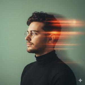 "Side profile photorealistic portrait of a young man with dark curly hair, short beard, and round glasses wearing a black turtleneck. Background has soft pistachio tone with glowing orange and red light leaks, smooth glitch effects, and luminary-style overlays creating a modern cinematic vintage aesthetic."