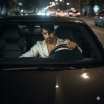 8K hyper-realistic image of a young boy seated in the driver’s seat of a car, viewed through the windshield. He wears a white silk shirt and silver neck chain, with messy styled hair partially covering his eyes. One hand grips the steering wheel, while the other rests casually over the passenger seat. He has a slightly intense, serious expression. High-resolution, cinematic lighting, and realistic textures on skin, hair, and car interior.