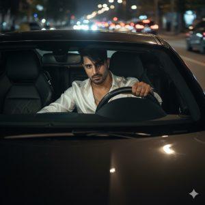 8K hyper-realistic image of a young boy seated in the driver’s seat of a car, viewed through the windshield. He wears a white silk shirt and silver neck chain, with messy styled hair partially covering his eyes. One hand grips the steering wheel, while the other rests casually over the passenger seat. He has a slightly intense, serious expression. High-resolution, cinematic lighting, and realistic textures on skin, hair, and car interior.