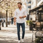 Stylish young man in casual white shirt and slim-fit jeans, standing outdoors with a gentle romantic smile, soft quiff hairstyle, subtle stubble, and minimal accessories. Modern, trendy, and realistic boys’ fashion look.”