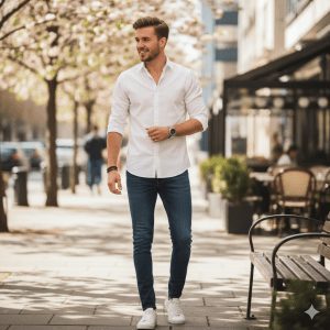 Stylish young man in casual white shirt and slim-fit jeans, standing outdoors with a gentle romantic smile, soft quiff hairstyle, subtle stubble, and minimal accessories. Modern, trendy, and realistic boys’ fashion look.”