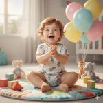 A cheerful 1-year-old baby with sparkling eyes and soft curls sits on a colorful play mat, wearing a cute romper with playful patterns. The baby claps and giggles, surrounded by building blocks, stuffed animals, and balloons. Soft natural light from a nearby window casts warm highlights and gentle shadows, highlighting the baby's innocence and joy.