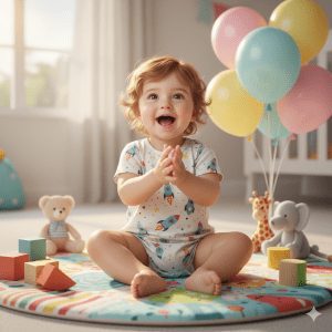 A cheerful 1-year-old baby with sparkling eyes and soft curls sits on a colorful play mat, wearing a cute romper with playful patterns. The baby claps and giggles, surrounded by building blocks, stuffed animals, and balloons. Soft natural light from a nearby window casts warm highlights and gentle shadows, highlighting the baby's innocence and joy.