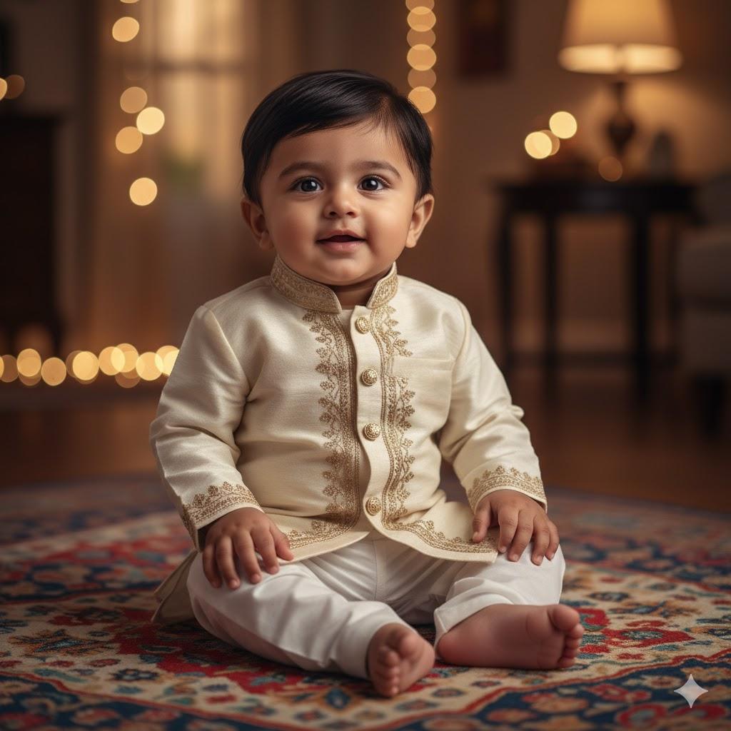 Ultra-realistic 8K image of an Indian baby boy with soft brown skin, expressive dark eyes, and natural black hair, sitting on a vibrant colorful rug. He wears a traditional festive outfit, a richly embroidered sherwani or kurta-pajama, under warm indoor lighting that highlights his joyful expression and detailed skin texture. Soft shadows enhance the photorealistic fabric patterns and facial details.