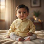 Ultra-realistic 8K image of an Indian baby boy with expressive dark eyes, soft brown skin, and natural black hair, sitting on a soft blanket. He wears a traditional Indian kurta or casual pastel outfit, set against a softly blurred background with warm natural sunlight, creating a cozy, heartwarming atmosphere with cinematic lighting and detailed textures.