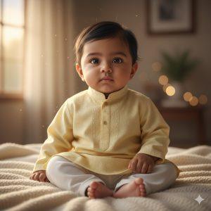 Ultra-realistic 8K image of an Indian baby boy with expressive dark eyes, soft brown skin, and natural black hair, sitting on a soft blanket. He wears a traditional Indian kurta or casual pastel outfit, set against a softly blurred background with warm natural sunlight, creating a cozy, heartwarming atmosphere with cinematic lighting and detailed textures.