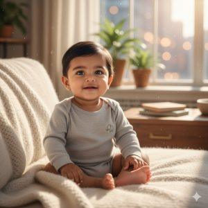 Photorealistic Indian baby boy sitting on a cozy sofa in a bright living room, wearing a soft cotton onesie. Soft natural sunlight illuminates his face, highlighting his expressive dark eyes, natural black hair, and warm brown skin. Ultra-detailed, realistic textures and heartwarming expression.