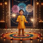 "Cheerful young Indian boy celebrating Diwali in festive kurta pajama with golden embroidery, holding sparklers with joy, surrounded by glowing diyas, fairy lights, colorful rangoli, and lanterns under a vibrant festive atmosphere."