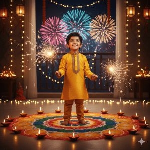 "Cheerful young Indian boy celebrating Diwali in festive kurta pajama with golden embroidery, holding sparklers with joy, surrounded by glowing diyas, fairy lights, colorful rangoli, and lanterns under a vibrant festive atmosphere."