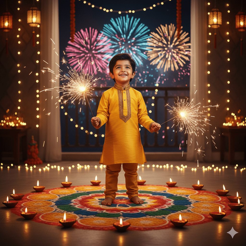 "Cheerful young Indian boy celebrating Diwali in festive kurta pajama with golden embroidery, holding sparklers with joy, surrounded by glowing diyas, fairy lights, colorful rangoli, and lanterns under a vibrant festive atmosphere."