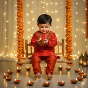 A sweet baby boy in a bright red kurta-pajama with golden embroidery sits on a small wooden swing adorned with marigold garlands and fairy lights. He holds a glowing diya in his tiny hands, surrounded by more diyas casting a warm golden glow. The festive bokeh background features colorful lights and lanterns, capturing the essence of Diwali.