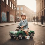 "A trendy baby girl in a stylish streetwear outfit, wearing a denim jacket, mini skirt, sneakers, and a cute cap while sitting on a toy car outdoors with a playful smile in soft evening light."