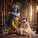 Ultra-realistic 8K cinematic photograph of a detailed stone Krishna murti inside a temple hall with a baby girl portraying Radha in pastel mint green lehenga-choli, gently touching Krishna’s flute. Krishna has radiant blue skin, golden-yellow dhoti, royal blue shawl, gold ornaments, and peacock feather crown. Background features carved stone pillars, flower garlands, soft morning sunlight, and scattered petals.