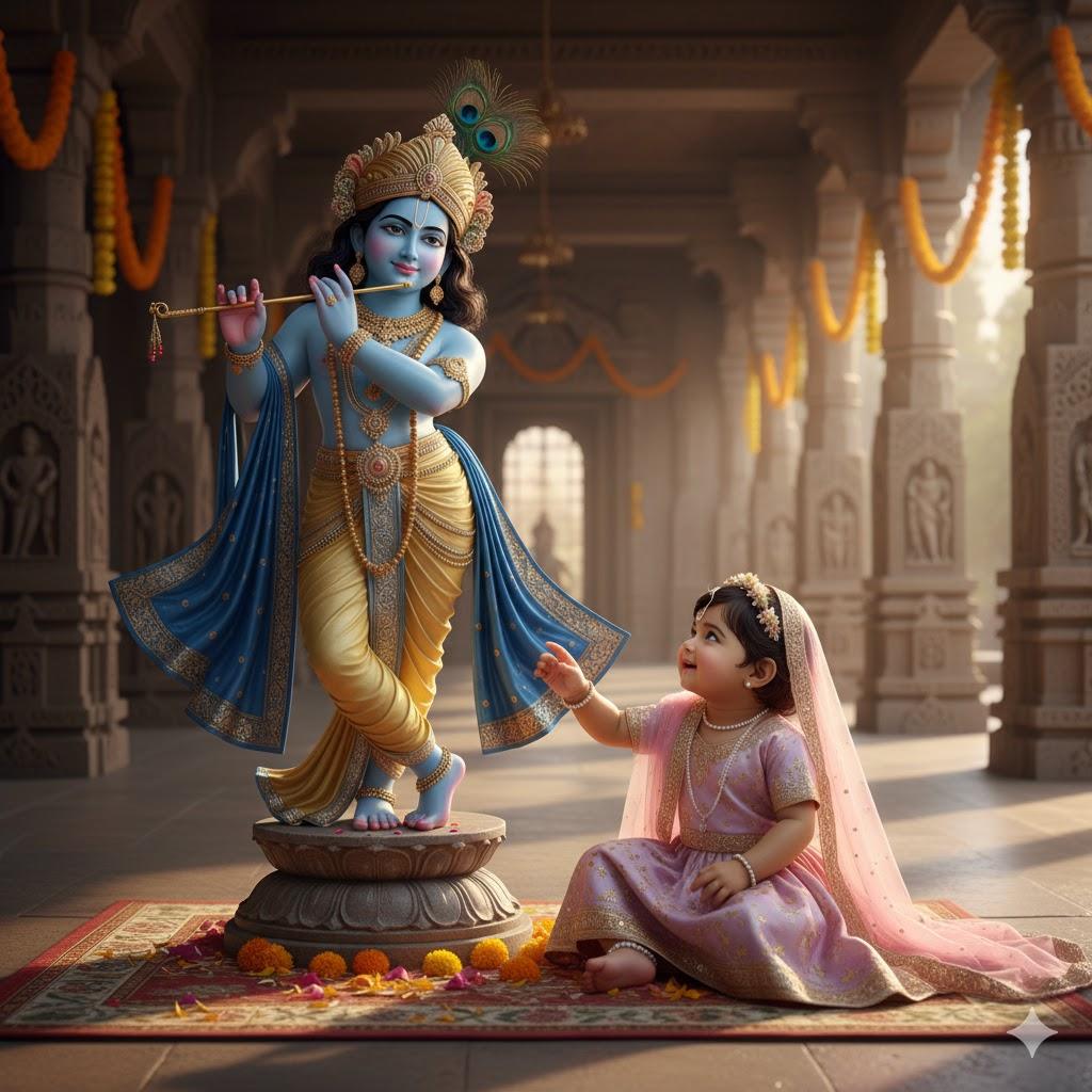 Ultra-realistic 8K cinematic photograph of a detailed stone Krishna murti inside a temple hall with a baby girl portraying Radha in pastel mint green lehenga-choli, gently touching Krishna’s flute. Krishna has radiant blue skin, golden-yellow dhoti, royal blue shawl, gold ornaments, and peacock feather crown. Background features carved stone pillars, flower garlands, soft morning sunlight, and scattered petals.