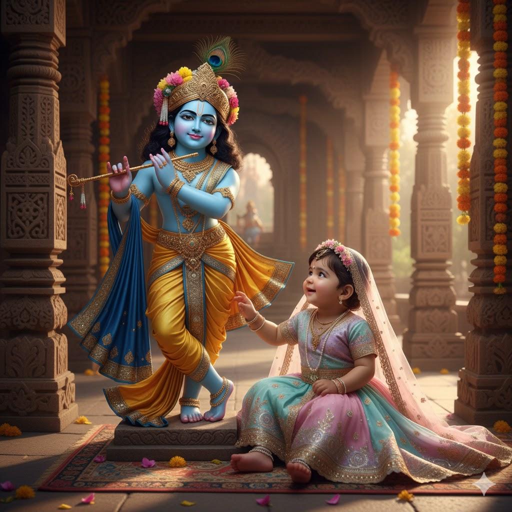 Ultra-realistic 8K cinematic photograph of a detailed stone Krishna murti inside a temple hall with a baby girl portraying Radha in a pastel pink, lavender, and mint green lehenga-choli, gently touching Krishna’s flute. Krishna wears a golden-yellow silk dhoti with silver embroidery, royal blue shawl, gold ornaments, and a peacock feather crown. Background features intricately carved stone pillars, hanging flower garlands, soft golden-hour sunlight, and scattered petals.