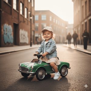 "A trendy baby girl in a stylish streetwear outfit, wearing a denim jacket, mini skirt, sneakers, and a cute cap while sitting on a toy car outdoors with a playful smile in soft evening light."