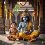 Ultra-realistic 8K photograph of a smiling baby boy sitting beside Lord Krishna in a temple courtyard. Baby wears yellow dhoti and silver anklets, Krishna has blue skin, yellow silk dhoti, peacock feather crown, and gold ornaments. Soft sunlight filters through stone pillars, marigold garlands hang around, faces fully front-facing, natural and divine scene.