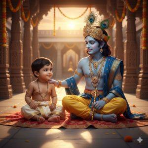 Ultra-realistic 8K cinematic photograph of a baby boy sitting on silk cloth in a temple courtyard during sunset, wearing cream silk dhoti with golden lace, tiny silver anklets, and a tulsi mala. Lord Krishna sits beside him with blue skin, yellow silk dhoti, royal blue shawl, peacock feather crown, and gold jewelry, gently resting his hand on the baby’s shoulder while holding his flute. Soft golden sunlight illuminates their fully front-facing, naturally expressive faces. Stone pillars, marigold petals, and long shadows complete the photorealistic, divine scene.