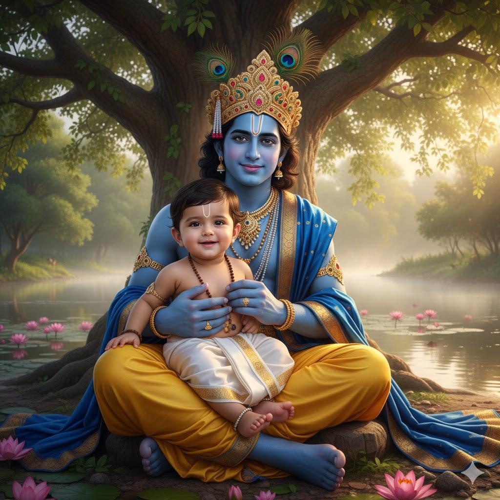 A serene and divine moment: a baby boy joyfully sits in Lord Krishna’s lap under a banyan tree by the river, bathed in soft morning light.#LordKrishna #KrishnaWithBaby #DivineMoment #UltraRealisticPhotography #BanyanTree #RiverScene #MorningSunlight #8KPhotography #SpiritualPhotography #IndianCulture #RealisticKrishna #DevotionalMoments #SacredPhotography #KrishnaDevotion