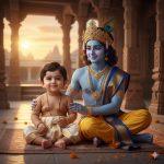 Ultra-realistic 8K cinematic photo of a baby boy sitting on a silk cloth beside Lord Krishna in a temple courtyard during sunset. Both faces are front-facing, expressive, and illuminated by golden light, surrounded by stone pillars and marigold petals.