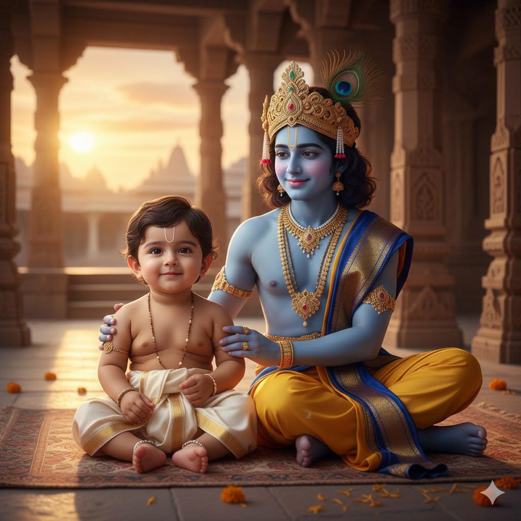 Ultra-realistic 8K cinematic photo of a baby boy sitting on a silk cloth beside Lord Krishna in a temple courtyard during sunset. Both faces are front-facing, expressive, and illuminated by golden light, surrounded by stone pillars and marigold petals.