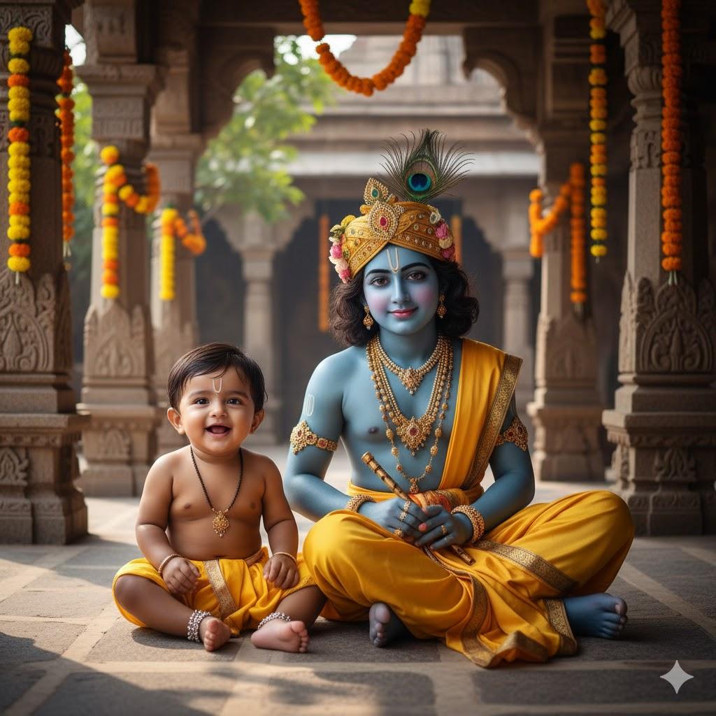 Ultra-realistic 8K photograph of a smiling baby boy sitting beside Lord Krishna in a temple courtyard. Baby wears yellow dhoti and silver anklets, Krishna has blue skin, yellow silk dhoti, peacock feather crown, and gold ornaments. Soft sunlight filters through stone pillars, marigold garlands hang around, faces fully front-facing, natural and divine scene.