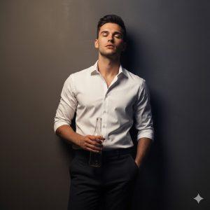 A stylish young man in a crisp white shirt and dark trousers leans casually against a dark wall, holding a glass bottle. The warm cinematic lighting highlights his face and shirt, creating a moody, introspective atmosphere with soft golden tones and realistic textures.