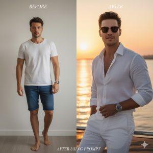 A before and after comparison of a man’s transformation from a simple indoor casual outfit to a luxurious yacht photoshoot look at sunset, wearing a white shirt and sunglasses with a cinematic modern vibe.