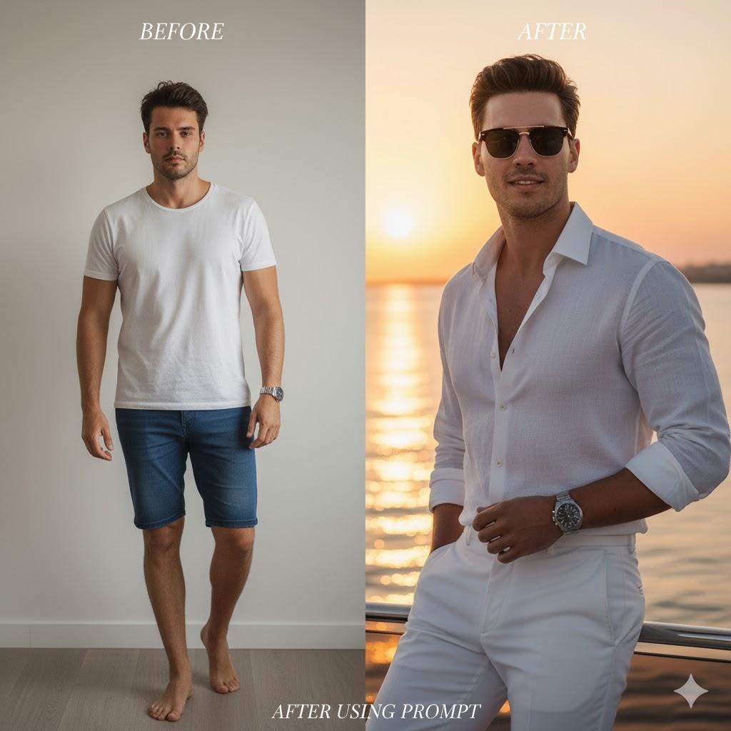 A before and after comparison of a man’s transformation from a simple indoor casual outfit to a luxurious yacht photoshoot look at sunset, wearing a white shirt and sunglasses with a cinematic modern vibe.