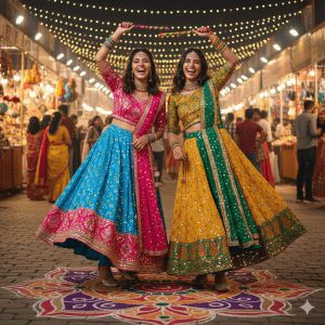“Two best friends celebrating Navratri wearing vibrant traditional Gujarati lehengas, holding dandiya sticks, laughing, with colorful festive lights and rangoli in the background.”