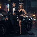 A stylish couple poses confidently beside a sleek luxury car under city lights at night. He wears a tailored black suit, she dons an elegant black evening gown. The scene exudes sophistication with a moody, ultra-HD magazine-style aesthetic, capturing reflections of vibrant city lights.