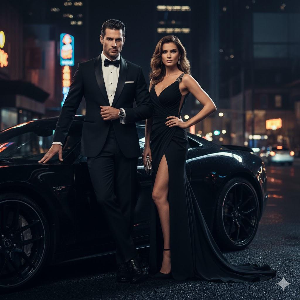 A stylish couple poses confidently beside a sleek luxury car under city lights at night. He wears a tailored black suit, she dons an elegant black evening gown. The scene exudes sophistication with a moody, ultra-HD magazine-style aesthetic, capturing reflections of vibrant city lights.