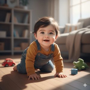 “1-year-old baby boy crawling on wooden floor with colorful toys, wearing mustard yellow shirt and denim overalls, looking up with a joyful smile in soft sunlight.”