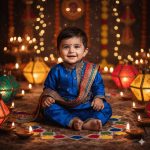 "Adorable baby boy in traditional Diwali attire with vibrant kurta pajama, surrounded by glowing diyas, rangoli, and festive decorations, celebrating Indian festival of lights."