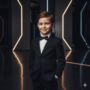 A 5-year-old boy in a sleek black suit stands confidently with a charming smile, set against a dramatic, well-lit modern background. Soft cinematic lighting enhances his features, with ultra-detailed 8K textures and a contemporary fashion photography style.