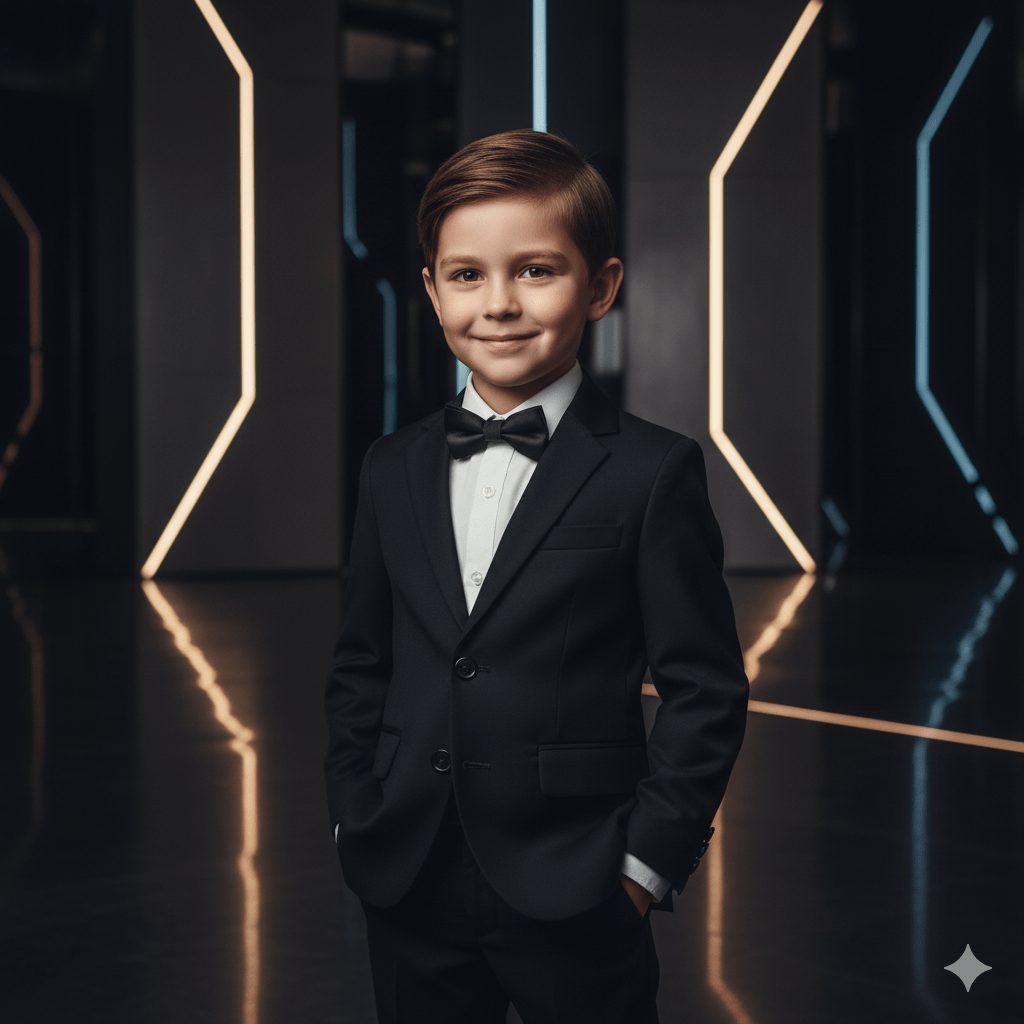 A 5-year-old boy in a sleek black suit stands confidently with a charming smile, set against a dramatic, well-lit modern background. Soft cinematic lighting enhances his features, with ultra-detailed 8K textures and a contemporary fashion photography style.